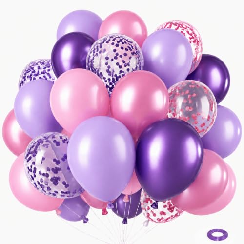 Image of Pink and Purple Balloons Different Size 12, 5inch for Balloon Arch Garland- 60Pcs Metallic Purple Pink Latex Balloon Confetti Ballon with Ribbon for Kpop Birthday Party Girls,Demon Hunter Decorations