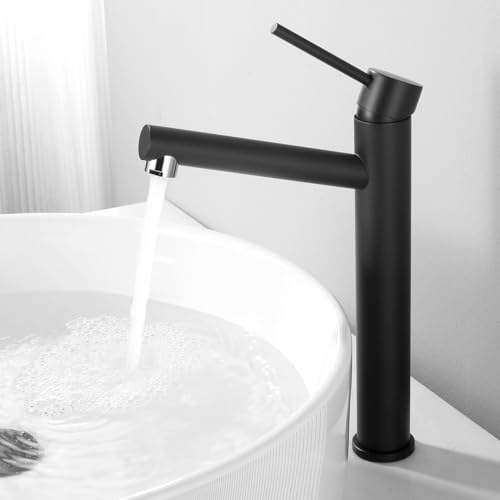 Tondiy Waschtischarmatur Schwarz Hoch, Wasserhahn Bad für Aufsatzbecken, Hohe Armatur mit Auslaufhöhe 233 mm, Einhebelmischer Badarmatur mit Abnehmbar Bubbler