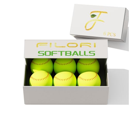 filori 6 Pack 12 - Inch Slow - Pitch Softballs | Official Size & Weight | Leather Cover | Solid Cork Core | Unmarked Training Balls for Practice, Games & Drills - Optic Yellow with Red Stitching