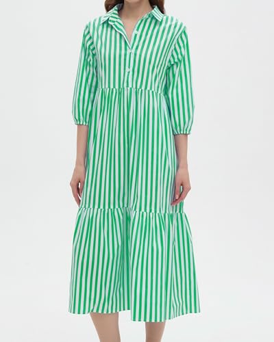 Image of EZAPINE Womens Babydoll Striped Shirt Midi Dress Puff Long Sleeve Collared Button Tunic Flowy Swing Dresses