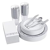 FOCUSLINE 175 Silver Dinnerware Set for 25 Guests, White Plastic Plates with Silver Lace Rim Design, Including 25 Disposable Dinner and Dessert Plates, 25 Silverware Set, 25 Cups, 25 Napkins
