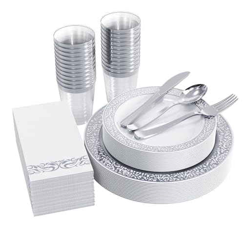 FOCUSLINE 175 Ct Silver Dinnerware Set for 25 Guests, White Plast...