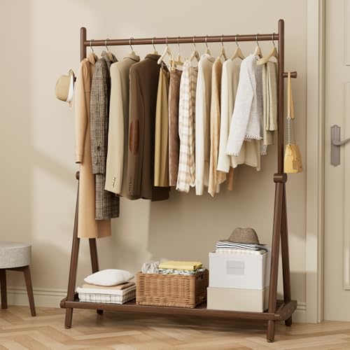 Wamhom Solid Wood Clothes Rack with Wheels,Freestanding Garment Rack &