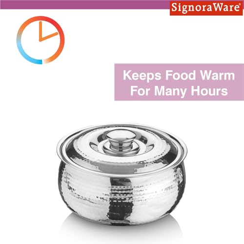 Image of Signoraware Hot Delight Hammered Stainless Steel Casserole | Airtight Lid | Retain Freshness | Great For Travelling or Small Gatherings | Perfect For Hot Curry, Chapatti & Rice (1 Ltr | Steel)