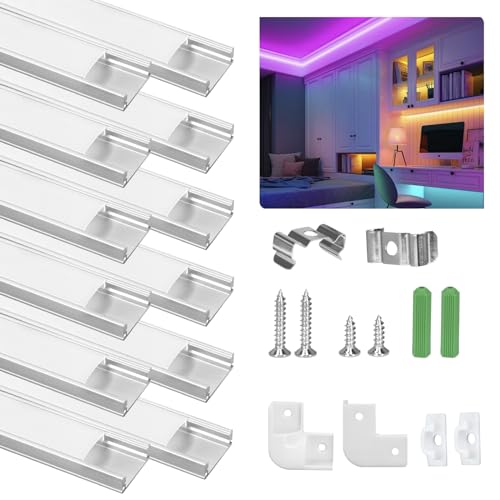 Profilé Aluminium LED, 12 x 1Mètre U Shape Profilés en Aluminium, Canaux et Diffuseurs LED avec Couvercle PC - Accessoires Complets, Compact Finition Professionnelle pour Ruban LED (Argent-U)