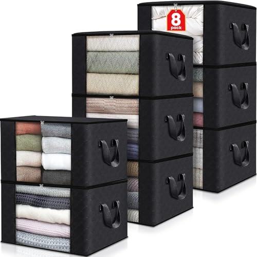 Image of Fab totes Storage Bags,Clothes Blanket Storage Bins Foldable Closet Organizers with Reinforced Handle for Home Dorm Storage and Organization,Fabric Bags for Organizing Sheets,Clothing (Black,8 Pack)