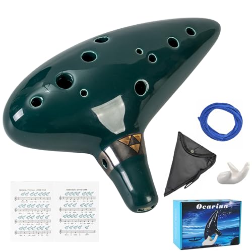 Mulucky Ocarina en argile naturelle à 12 trous avec accessoires | Coffret cadeau pour instrument de musique adapté aux débutants – Vert foncé