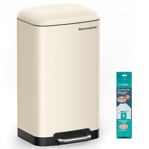 SONGMICS Poubelle de Cuisine, 30L, Poubelle en Acier avec Pédale, Couvercle et Seau Intérieur, Fermeture en Douceur, Blanc Nuage LTB001A01