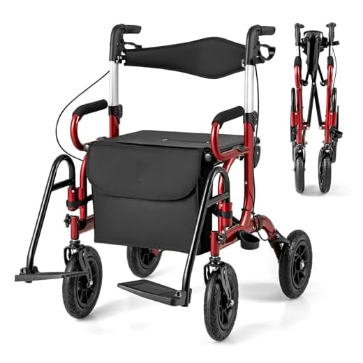 COSTWAY Rollator met luchtbanden, opvouwbaar en licht, met zitting, 2-in-1 rolstoel en reisrollator, aluminium, tot 140 kg, loophulp 6-voudig in hoogte verstelbaar, loopwagen met tas en stokhouder