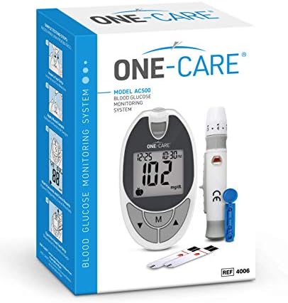 MediVena ONE-CARE Blood Glucose Test Kit of 1 Meter, 10 Test Strips, 1 Lancing Device, 10 Lancets, Carry Case – Blood Glucose Monitoring System with Glucometer and Strips for Testing by Diabetics