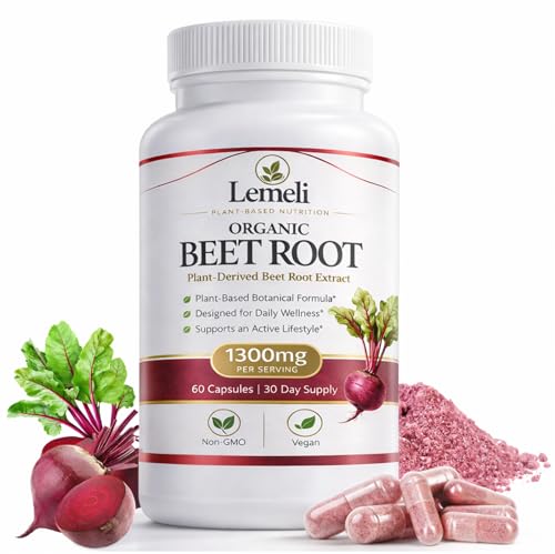 Lemeli Beetroot Beet Root Capsules 1300mg Nitric Oxide Booster with Beetroot Extract Vitamin C & Black Pepper High Nitrate Vegan Supplement 60 Count
