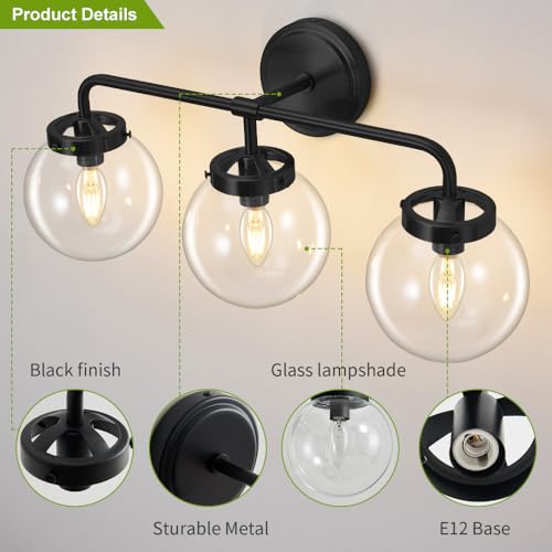 Image of Bathroom Vanity Light Fixtures Over Mirror, 22.4'' Modern Matte 3 Lights Wall Sconce Lighting with Transparent Glass Ball Shade, Mid Century Farmhouse Vanity Lights (Black)