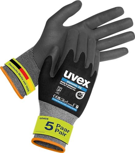 Uvex phynomic XG, 5 Paar - premium Grip-Handschuh für feuchte & ölige Bereiche - flexibel, robust & atmungsaktiv - schwarz, grau - Größe 10/XL