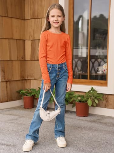 Image of Haloumoning Girls Long Sleeve Shirts Crewneck Ruched Side Slim Fit Tops Ribbed Knit Casual Tee Shirt 4-15 Years