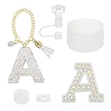 QUARKZMAN Juego De Accesorios Para Stanley Tumbler Cup, Decoraciones De Iniciales Para Tumbler Cup 30/40OZ Incluye Tapa De Pajita Con Diamante Llavero Con Letra Pegatina Funda, Blanco(A)