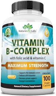 Vitamin B Complex with Vitamin C and Folic Acid - B12, B1, B2, B3, Vitamin B5 Pantothenic Acid, B6, B7, B9 - Nervous System Support & Supports Energy Metabolism Non-GMO- 100 Veggie Capsules