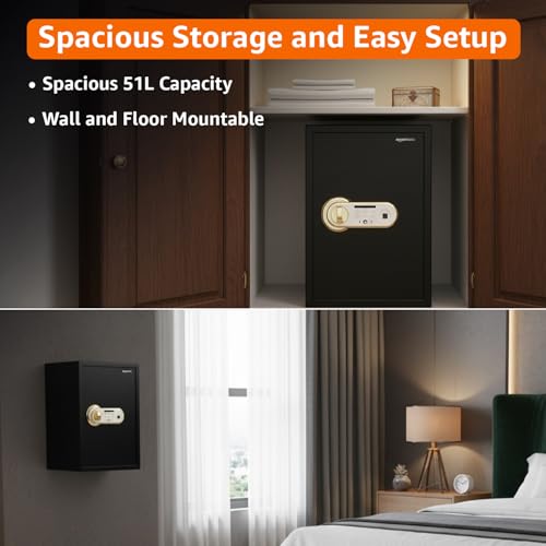 Image of Amazon Basics Digital Safe With Biometric Keypad | Metal Safe Locker For Home, Office, Hotel | Gross Capacity - 58L (Net - 51L), Black