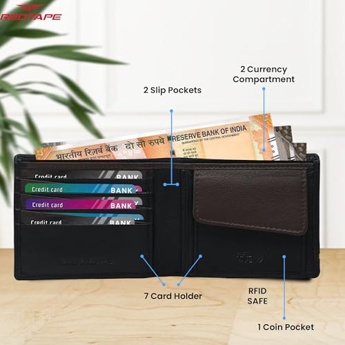 Image of Red Tape Black Brown Men's Leather Wallet | RFID Blocking Bi-Fold Wallet with Metal Logo, 7 Card Slots & 2 Cash Compartments