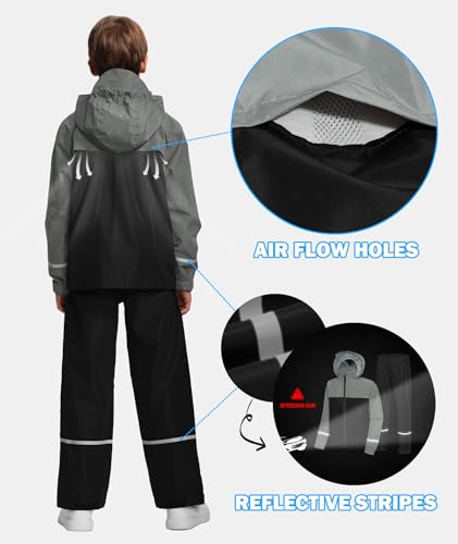 Image of Kids Rain Suit Jacket and Pants Set with Reflective Strips Adjustable Hood Flap Pocket for Boys Girls