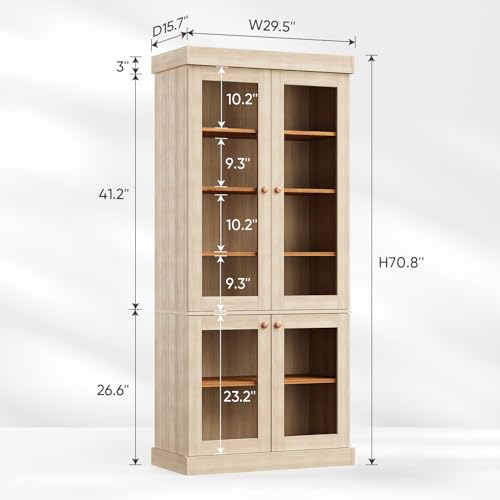 Image of Vyre 70.8 inch Bookshelf with Glass Doors, Farmhouse Modular Bookcase with 6-Tier Adjustable Shelves, Large Storage Cabinet for Living Room & Home Office, Set of 4, Brown