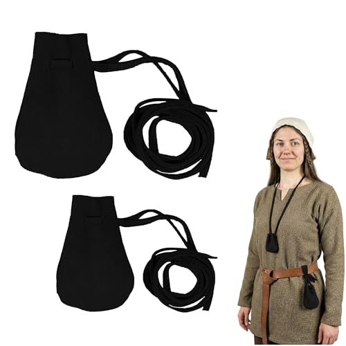 Image of Mythrojan Pack of 2 Small Trinket Pouches,Suede Leather Drawstring Coin & Dice Bags for LARP, SCA, Viking & Medieval Events Color : Black