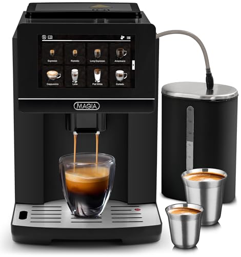 Zulay Kitchen Magia Ultra LUX Super Automatic Espresso Machine, Bean-to-Cup Coffee Maker with Built-In Grinder, Automatic Milk System, 19 One-Touch Specialty Drinks, Touchscreen, Black