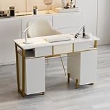 Belandi Manicure Table for Nail Tech, Modern High Glossy Nail Desk w/Metal Frame, Nail Station w/4Drawers & 2 Cabinets, Acetone-Resistant Salon Beauty Workstation (White)