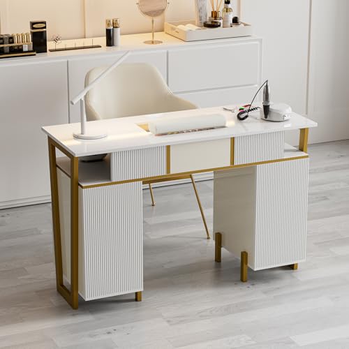 Belandi Manicure Table for Nail Tech, Modern High Glossy Nail Desk w/Metal Frame, Nail Station w/4Drawers & 2 Cabinets, Acetone-Resistant Salon Beauty Workstation (White)