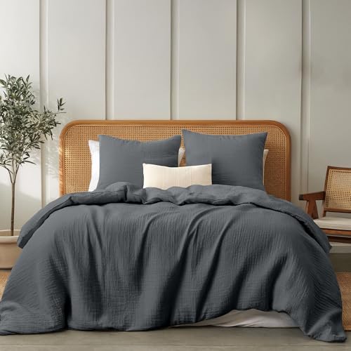 Dreamzie Musselin Bettwäsche 220x240 cm aus 100% Baumwolle Bettwäsche Set mit 1 Bettbezug und 2 Kissenbezügen 80x80 cm Oeko-Tex Bettwäsche mit Reißverschluss Dunkelgrau