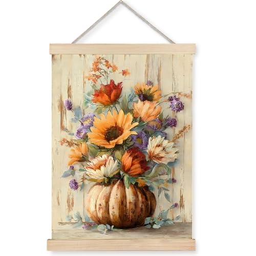 FOPENEM 16x12 Inch Fall Pumpkin Floral Wall Art – Rustic Sunflower and Wildflower Bouquet Canvas Hanging Decor for Autumn Farmhouse