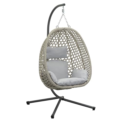 Koll Living Outdoor Hängesessel Luna | Rattanoptik Beige | Wetterfester Gartensessel mit Stahlgestell & Komfortkissen | UV-beständig & wasserabweisend | 95 x 103 x 197 cm