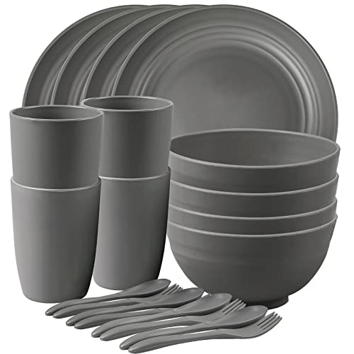 Image of Shopwithgreen Wheat Straw Dinnerware Sets, 20 PCS Microwave Unbreakable Plates and Bowls Sets, Reusable Lightweight Tableware Dinner Dishes, Bowls, Cups, Plastic Dishes for Camping, Kitchen, RV