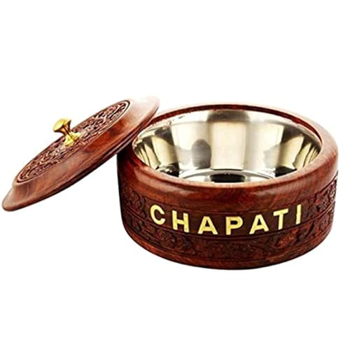 Image of Antlantic Wood Store Wooden Chapati Stainless Steel Sheesham Hand Carved Wood Casserole Box | Roti | Chapati Round Shape | Size 9 x 9 Inch | Brown