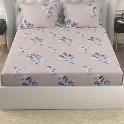 Image of Cloth Fusion Glace Cotton Elastic Fitted Bedsheet King Size 78x72 inch | Pink Floral, 2 Pillow Covers, 165 TC, Soft, Cotton Blend, 360 Grip, Fits Up to 8 in Mattress, Quick-Drying