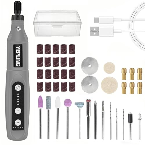 YEPLING Cordless Rotary Tool, 3.7V Li-ion Electric DIY Mini Grinder Kit with Front LED Work Light, 5 Variable Speed, 42pcs Accessories USB Charging Multi-Tool Perfect for Nail Polishing and Light Duty