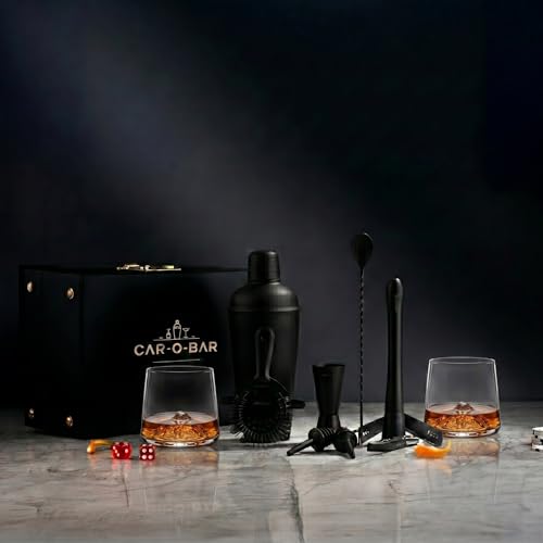 Image of Car-O-Bar Bar Set with Glasses Gift Set | 12 Pieces Black Bartender Kit:Cocktail Shaker, Bar Spoon, Jigger, Muddler, Strainer, Wine & Beer Bottle Opener, 2 Pour Spouts, Tong, Set of 2 Whiskey Glasses