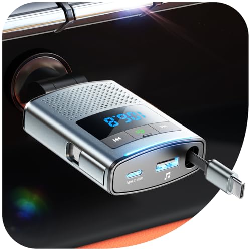 JOYROOM Bluetooth 5.4 Car Adapter FM Transmitter 90W [PD 45W & 45W USB C Retractable Cable] Fast Charging Cigarette Lighter Wireless Music Adapter Hands-Free Calling Radio Support USB Drive