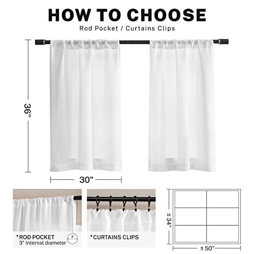 Meetbily Linen Textured Semi Sheer Kitchen Tiers Curtains 36 Inches Long Small Kitchen Window Curtains Rod Pocket Cafe Curtains Drapes For Bathroom Laundry Room Rv(2 Panels, White,30" W X 36" L) #TOP2