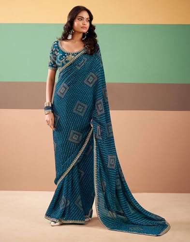 Image of SIRIL Women's Georgette Bandhani Printed, Embroidery Lace Saree With Unstitched Blouse Piece
