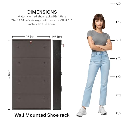 Image of 4 Door Wall Mounted Metal Shoe Rack Cabinet, Brown, 52x26x6 Inch