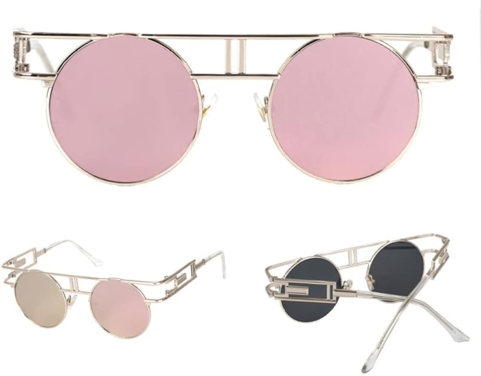 Retro Oversized Sunglasses For Men Steampunk Sun Glasses Mirror Round Vintage Eyewear UV400 (C12 Rose Gold Pink One Size)
