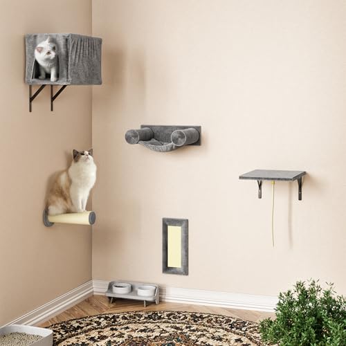 KAMABOKO Cat Wall Furniture, Wall Mounted Cat Climber, 5pcs Cats Wall Shelves, Cats House, Hammock, Steps, Perches, and Scratcher, Pet Furniture for Indoor - Dark Grey