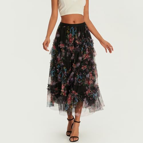 Women's Mesh Floral Skirt Ruffle Irregular Trim Flowy A-line Boho Summer Midi Skirts 20253