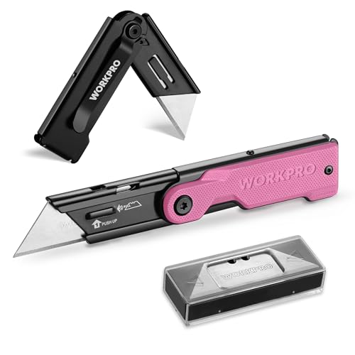 WORKPRO Folding Utility Knife with 10 Extra SK5 Blades, EDC Razor Sharp Knife with G10 Handle, Quick Change Box Cutter with Belt Clip, for Heavy Duty, DIY, Home, Office & Artcraft Use - Pink