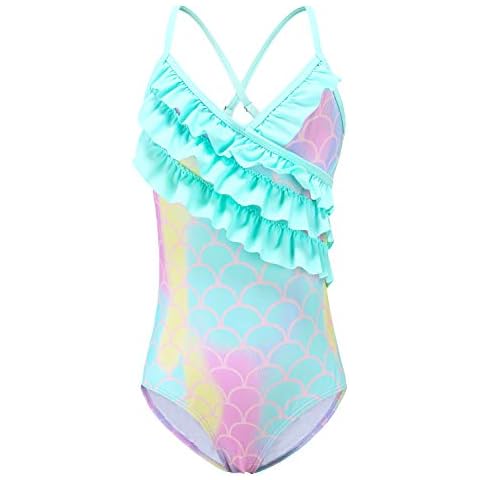Girls One Piece Swimsuits Mermaid Bathing Suit Hawaiian Ruffle Swimwear for Kids Rainbow 5T Cover