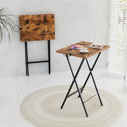 Image of VECELO Folding TV Tray for Eating Set of 2, Portable Dinner /Snack Table with Cup Holder for Couch, Living Room and Small Space, Antique Brown