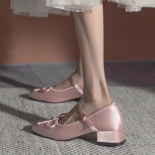 Women Satin Bow Chunky Heel Mary Janes Pumps Fashion Square Toe Adjustable Ankle Strap Mid Block Heel Ballet Shoes Lightweight Breathable Business Office Dress Shoes4
