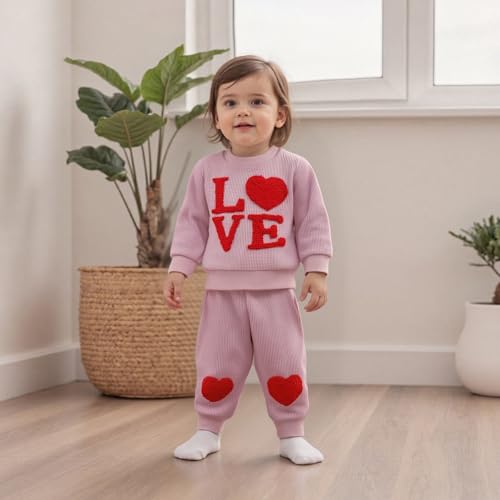 Yuufuniy Toddler Baby Girl Valentines Outfit Letter Heart Embroidery Waffle Long Sleeve Sweatshirt And Pants Winter Clothes (Pink, 18-24 Months)