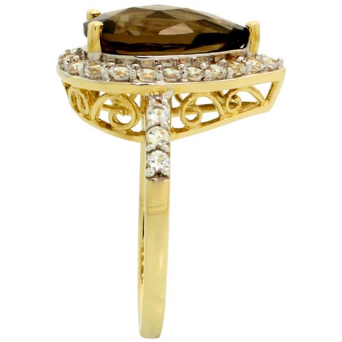 10K Gold Genuine Smoky Topaz Teardrop Ring Pear Cut 14X9Mm White Sapphire Accent 3/4 Inch Size 6 #TOP2