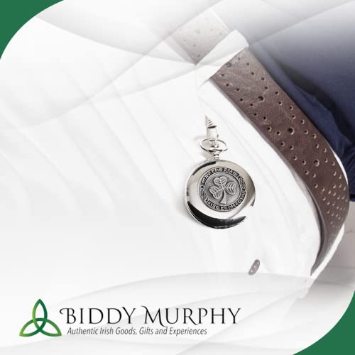 Biddy Murphy Shamrock Pocket Watch Made In Ireland Shamrock Pewter Medallion Stainless Steel Case With Chain Exclusive Made By Mullingar Pewter On Co. Westmeath, Ireland #TOP4